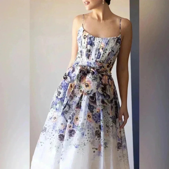 Zimmermann Tama Corset Linen Silk Midi Dress 1 US6 Floral Pansy Waist Tie Belted - Picture 9 of 16